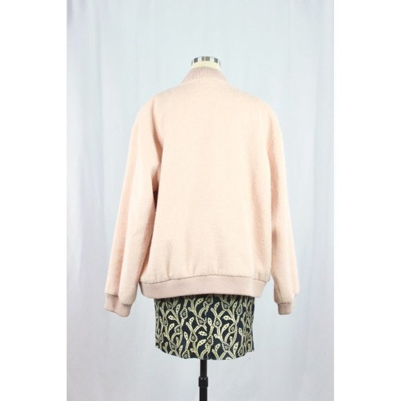 GANNI Inglewood Rose Smoke Pink Furry Wool Blend Varsity Bomber Jacket, Size L - Picture 5 of 15